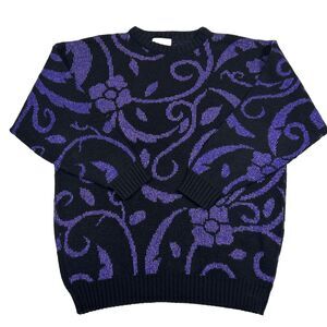 VTG Ann Hill Petites Knit Sweater Floral Sparkle Purple Black Pullover Top USA